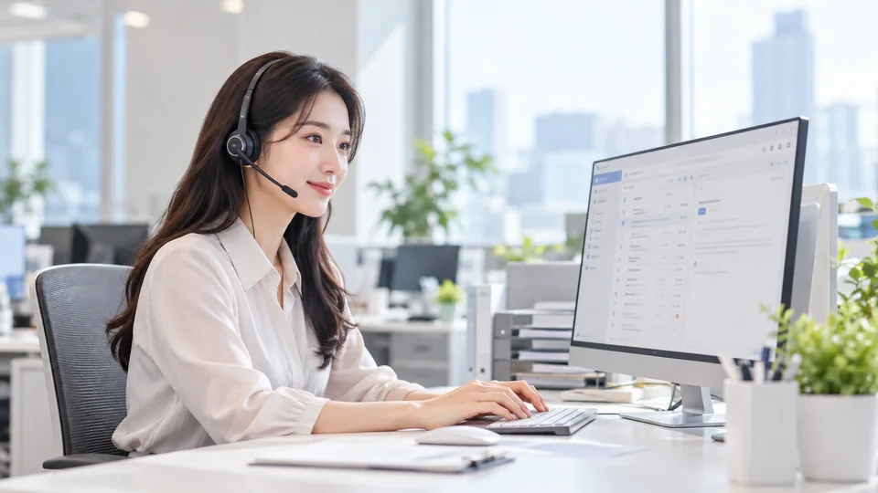 헤드셋을 착용하고 컴퓨터 앞에서 상담하는 모습