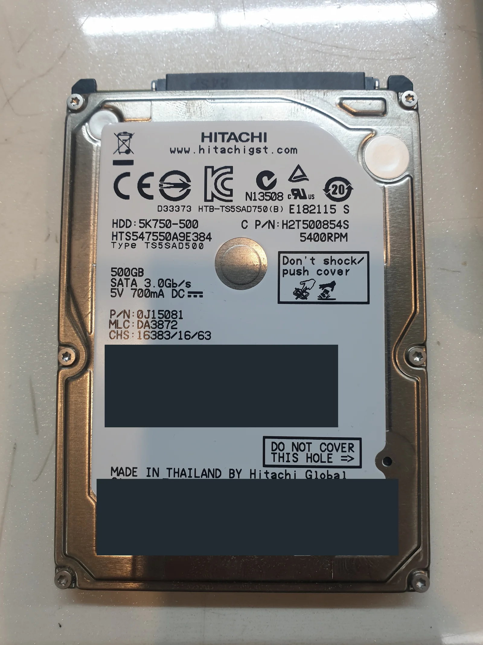 Hitachi HTS547550A9E384 500GB 하드디스크 라벨